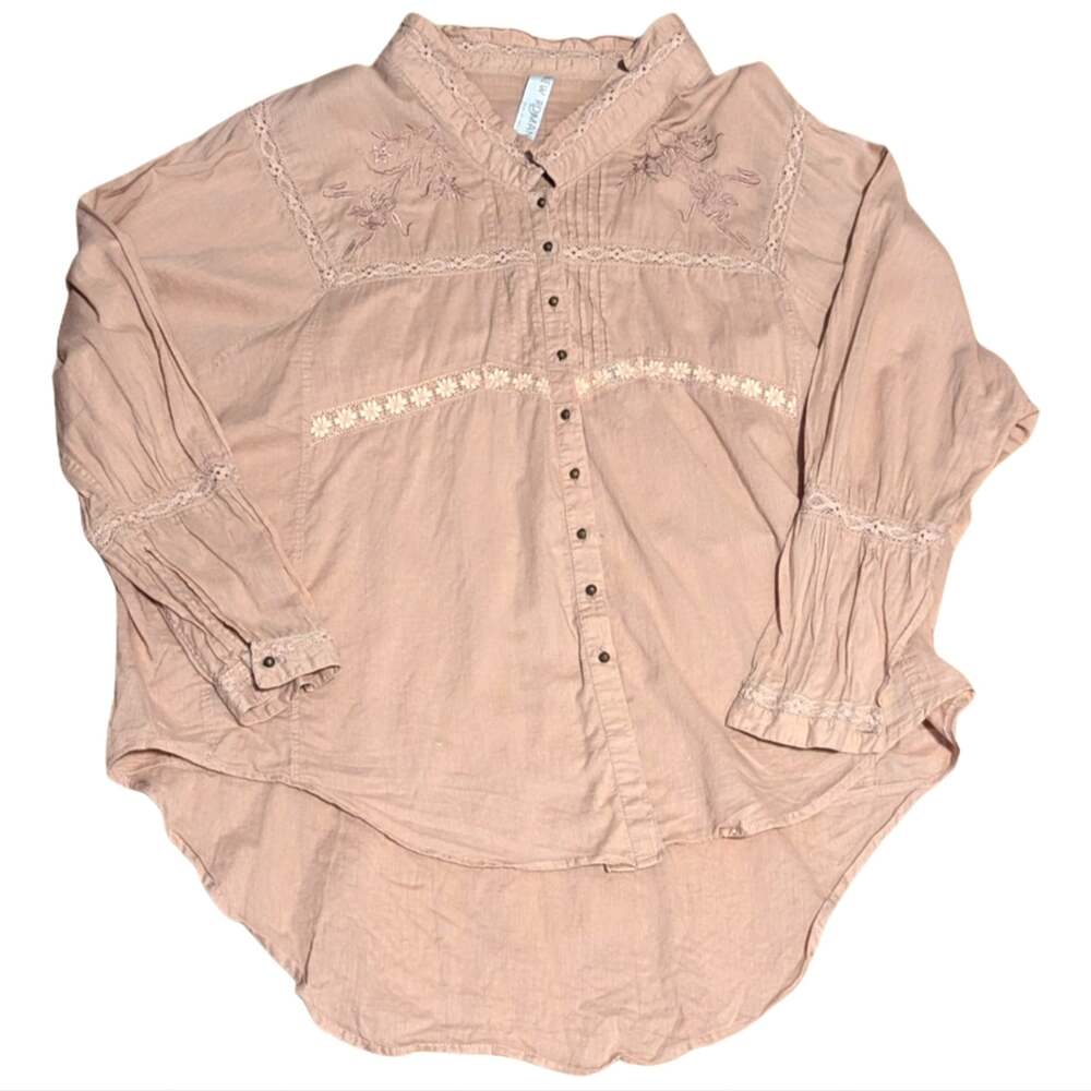 Free People New Romantics Embroidered Lace Boho Floral Long Sleeve Tunic Blouse